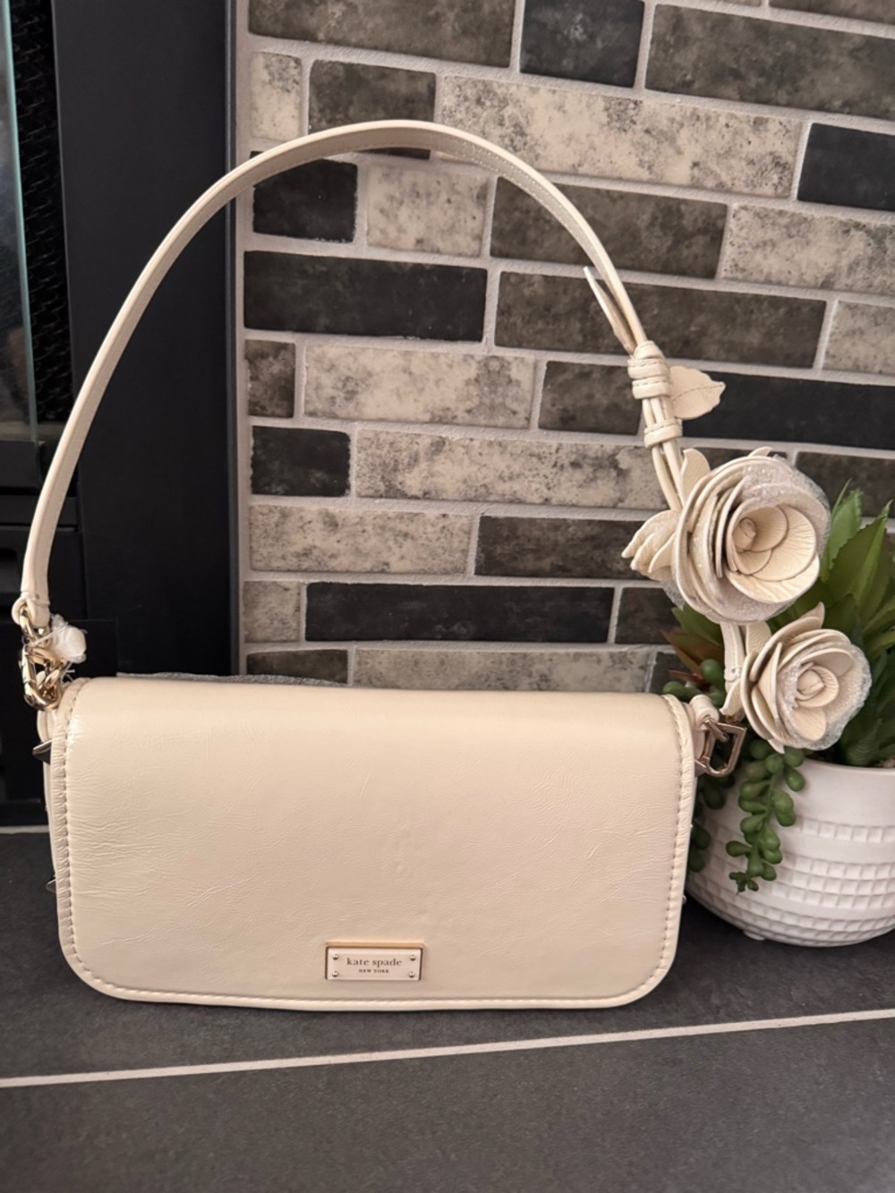 kate spade Cream Leather Shoulder Bag with 3D Floral Strap Accent